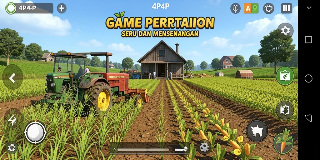 Tampilan gameplay 4P4P dengan ladang yang subur dan beragam tanaman.