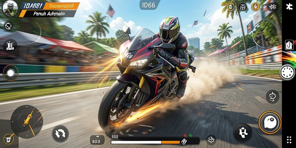 Screenshot gameplay ID66 menampilkan aksi balapan motor yang intens dan grafis yang menakjubkan.
