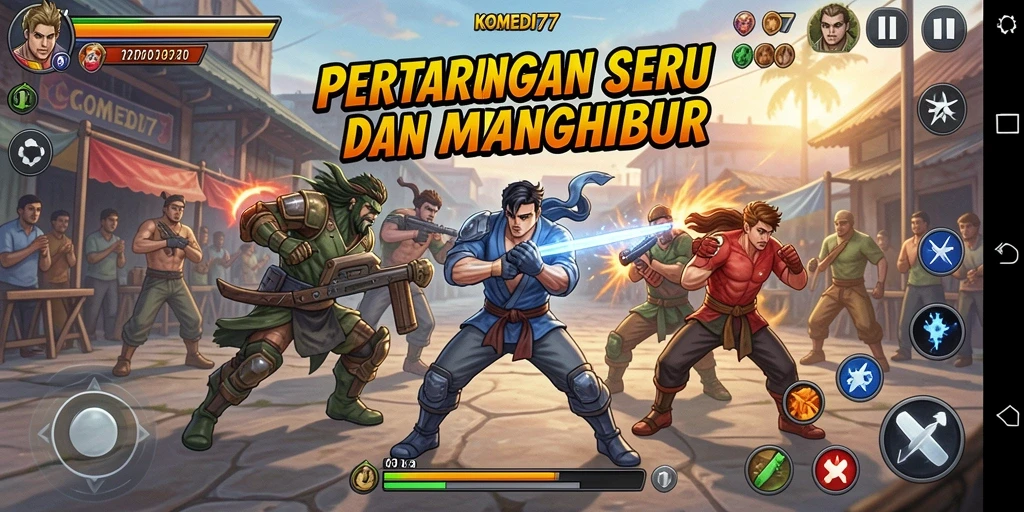 Screenshot menunjukkan aksi pertarungan seru di KOMEDI77.