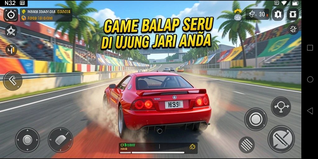 Screenshot gameplay N32 menunjukkan mobil balap melaju kencang di trek.