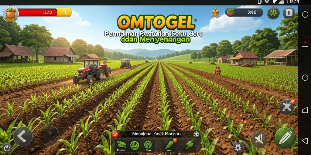 Tampilan gameplay OMTOGEL yang menampilkan aktivitas bertani yang seru.