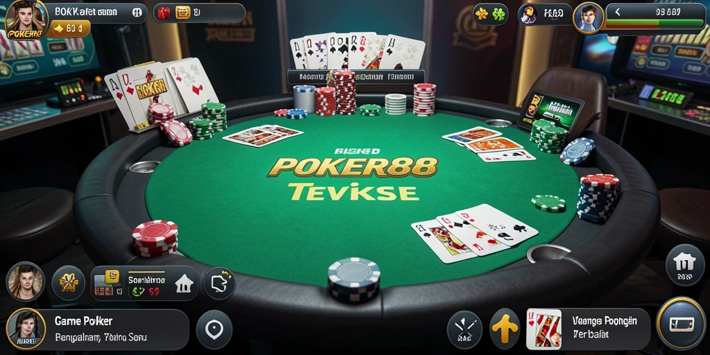 Screenshot gameplay POKER88 dengan pemain berkompetisi di meja poker.