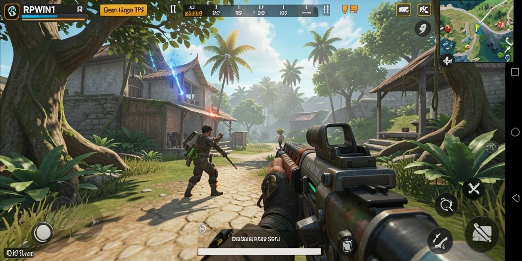 Screenshot gameplay RPWIN1 menampilkan aksi seru dalam pertempuran TPS.