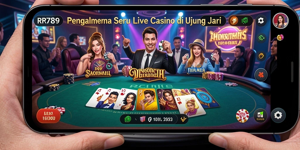 Screenshot gameplay RR789 yang menunjukkan dealer dan pemain dalam aksi Live Casino.