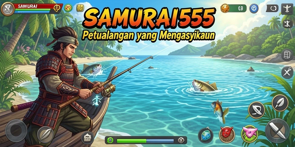 Screenshot utama SAMURAI555 menampilkan gameplay yang menegangkan saat memancing ikan.