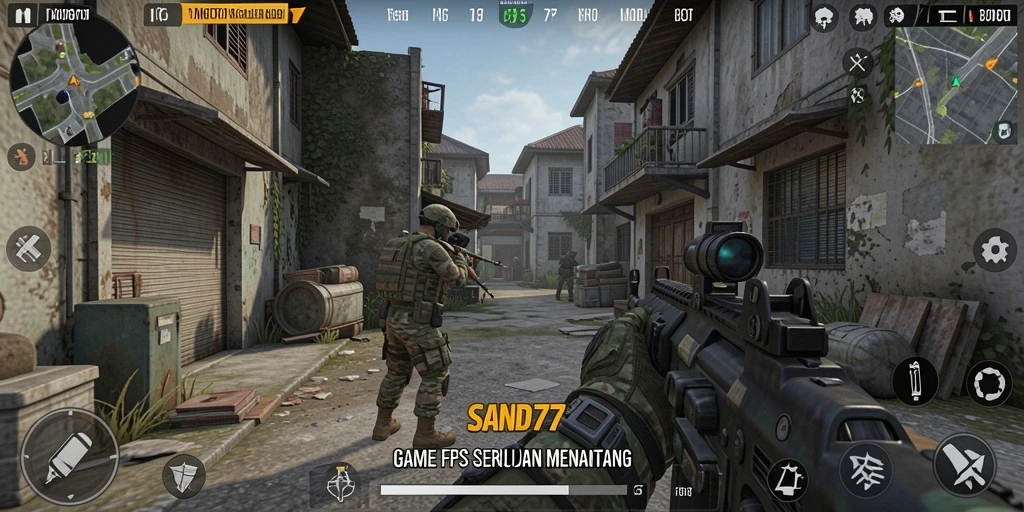 Screenshot SAND77 menampilkan aksi gameplay FPS yang mendebarkan.